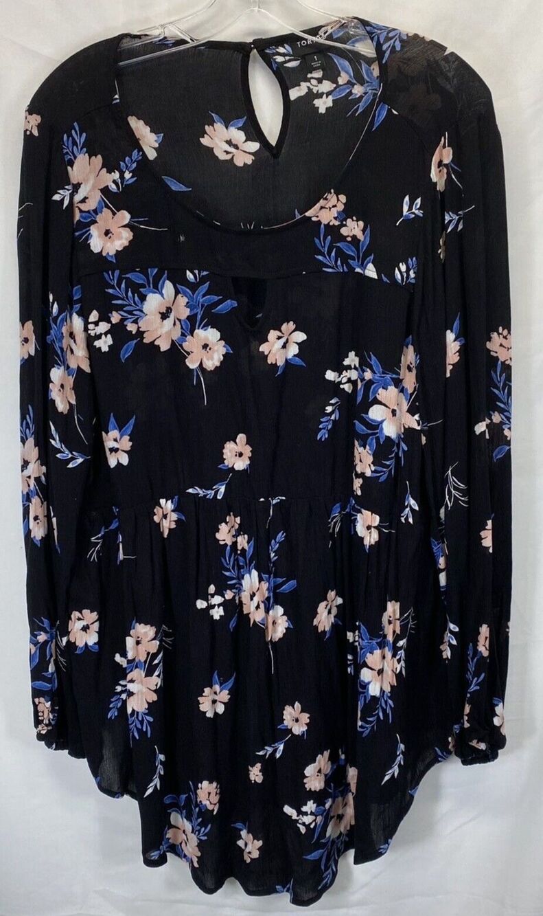 TORRID Blouse Womens Size 1 Top Long Sleeve Black Floral Skirted Stretch Waist